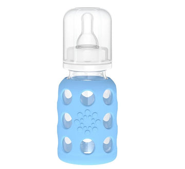 Lifefactory 4-Oz Glass Baby Bottle With Protective Silicone Sleeve And Stage 1 Nipple Sky Blue
