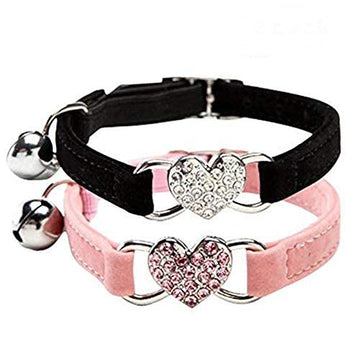 Chukchi Pink Soft Velvet Safe Cat Adjustable Collar With Crystal Heart Charm And Bells 8-11 Inches(Blackpink)
