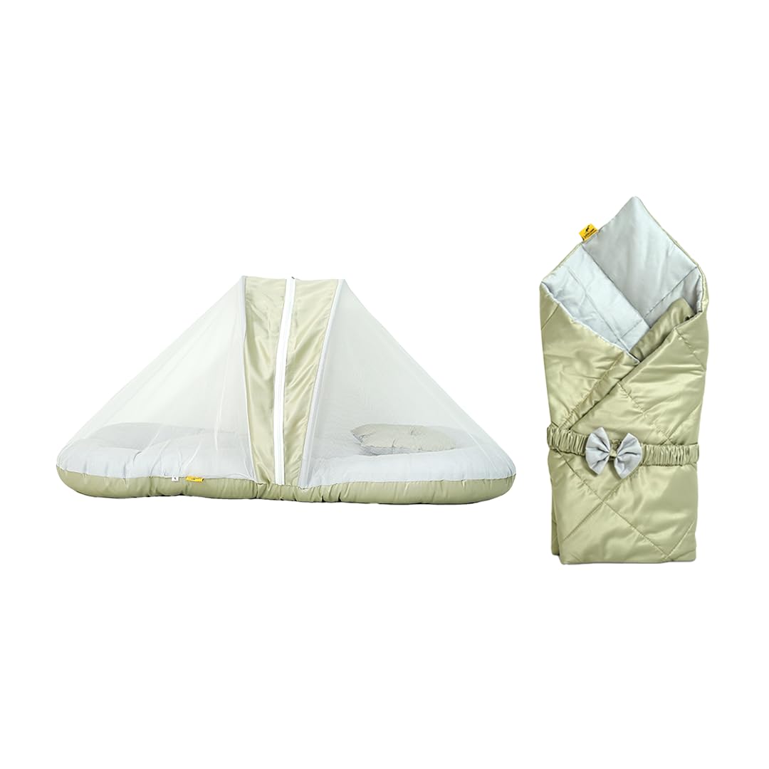 Little Chime Baby Wrapper and Mosquito Protection Bed Combo (Green) | Soft Cotton Baby Wrap + Foldable Mosquito Net Bed for Newb