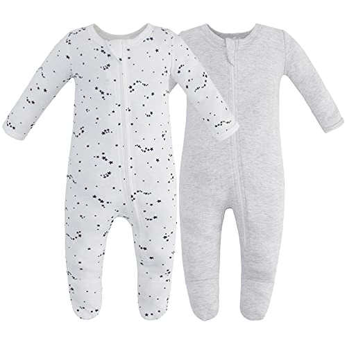 Owlivia Organic Cotton Baby Pajamas, Boys Girls 2 Pack Zip Front Sleep N Play, Footed Sleeper, Long Sleeve(6-12Months,Gray Melan