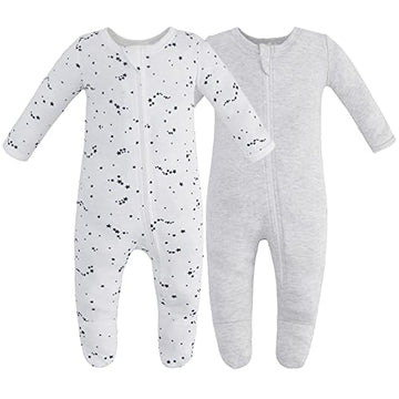 Owlivia Organic Cotton Baby Pajamas, Boys Girls 2 Pack Zip Front Sleep N Play, Footed Sleeper, Long Sleeve(6-12Months,Gray Melan