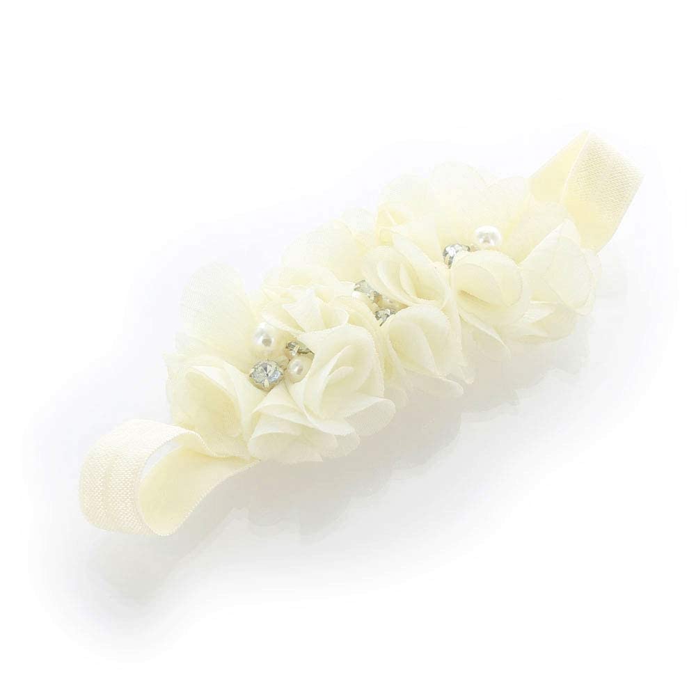 My Lello Baby Flower Headbands Fabric Beaded Trio Stretchy Elastic Pair (Ivory/White)