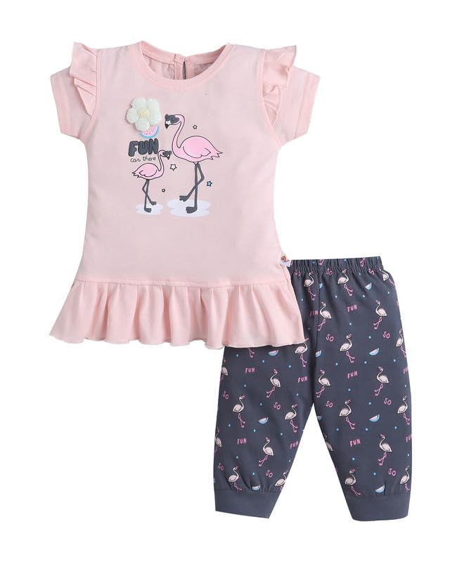 Bumzee Baby Girls Cotton Cap Sleeves Animal Print TShirt & Capri Set Peach & Navy  1824 Months (Peb11147EPch)