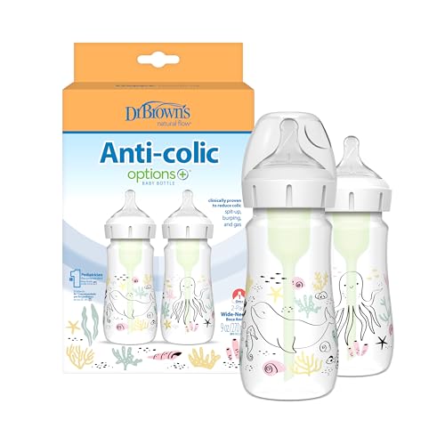 Dr Brownas Natural Flowa Anti-Colic Options+A Wide-Neck Baby Bottle Designer Edition Bottles, Ocean Decos, 9 Oz270 Ml, Level 1 N