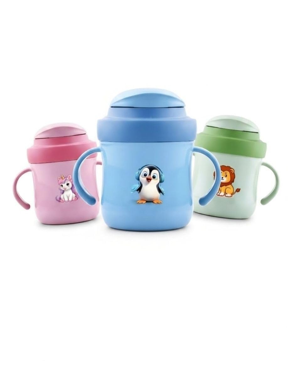Ansawi Baby Sipper Mug with Straw and Dual Handles Spill Proof Cup for Toddlers Children Cartoon Print Water Milk Mug for Home S