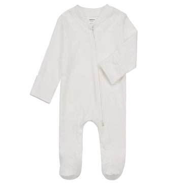 Aablexema Baby Footed Pajamas With Mitten Cuffs - Unisex Newborn Infant 2 Ways Zipper Cotton Footie Pjs(Creamy-White,Newborn)