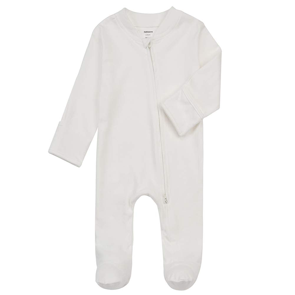 Aablexema Baby Footed Pajamas With Mitten Cuffs - Unisex Newborn Infant 2 Ways Zipper Cotton Footie Pjs(Creamy-White,0-3M)
