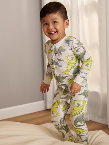 Simple Joys By Carter'S Baby Boys' 3-Pack Snug Fit Footed Cotton Pajamas, Navy Stripe/Sage Green Construction/White Dinosaur, 12
