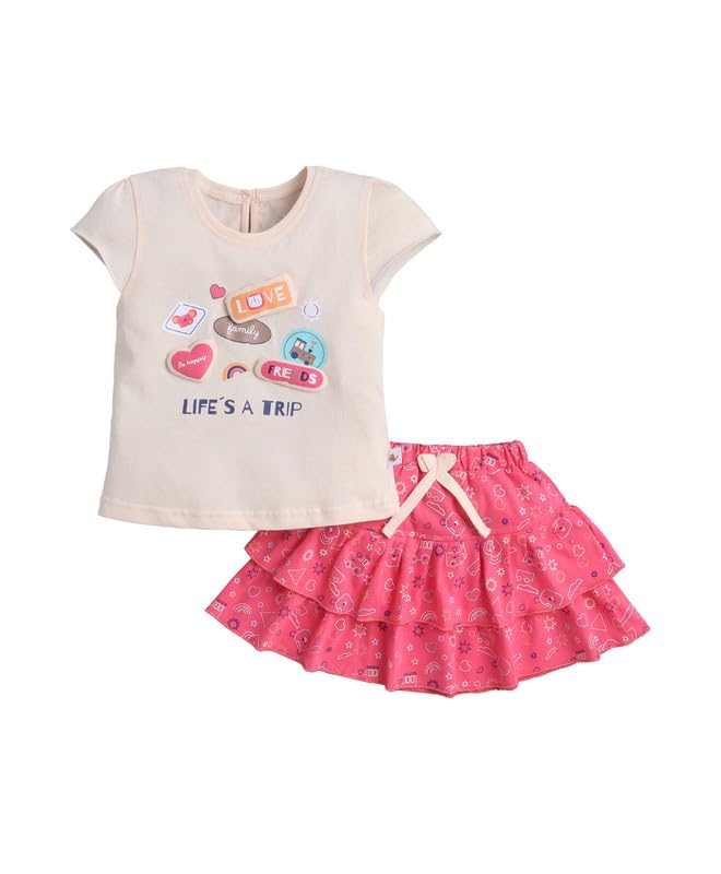 Bumzee Baby Girls Cotton Cap Sleeves Graphic Print Top & Skirt Set Peach & Coral  1218 Months (Peb11152DPch)