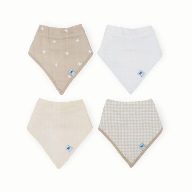 Little Unicorn Baby Bandana Bib 4 pack | Absorbent, Extra Soft Cotton for Drooling & Teething | Adjustable fit (Taupe Cross)