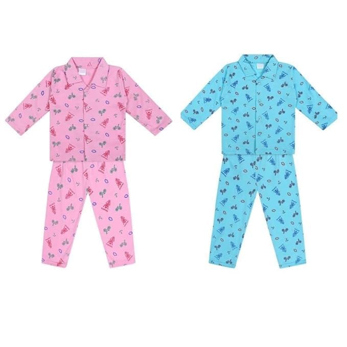 Bornlov Cotton Night Suit Full Sleeves, Printed, Collared Neck, for Unisex Kids Pack of 2 Regular fit Comfortable (Pink, 1112 Y