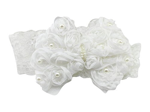 Akinoskids Newborn Infant Toddler Baby Girl Bowknot Flower Pearl Elastic Lace White Soft Head Band