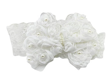 Akinoskids Newborn Infant Toddler Baby Girl Bowknot Flower Pearl Elastic Lace White Soft Head Band