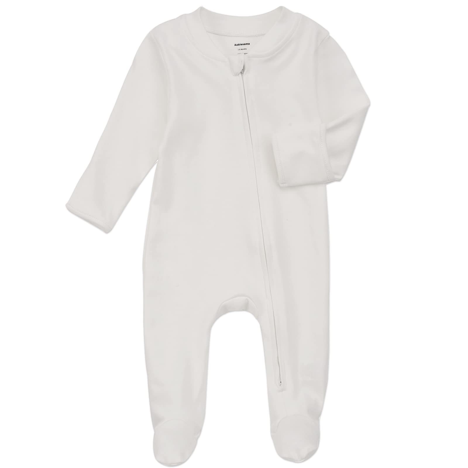 Aablexema Organic Cotton Baby Footies Pajamas With Mittens - Neutral Newborn Infant Zip Up Sleep Play(White,0-3M)