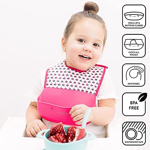 Silicone Bibs For Babies With Food Catcher - Waterproof Roll Up And Button. Quality, Extra Thick Toddler Silicone Bib 2-Pk
