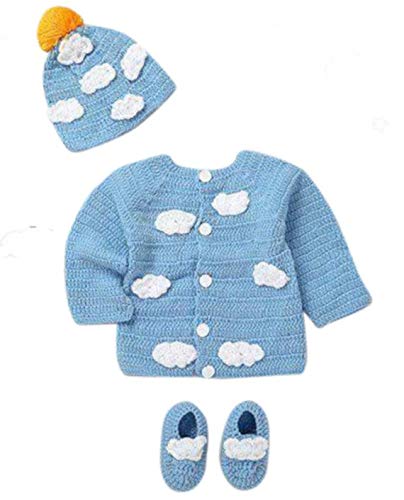 Blue Baby Sweater Set -Hand Made Baby Crochet Outfit Set -/Blue Knit Cardigan With Booties & Hat Gift Set (0-6 Month, Blue White