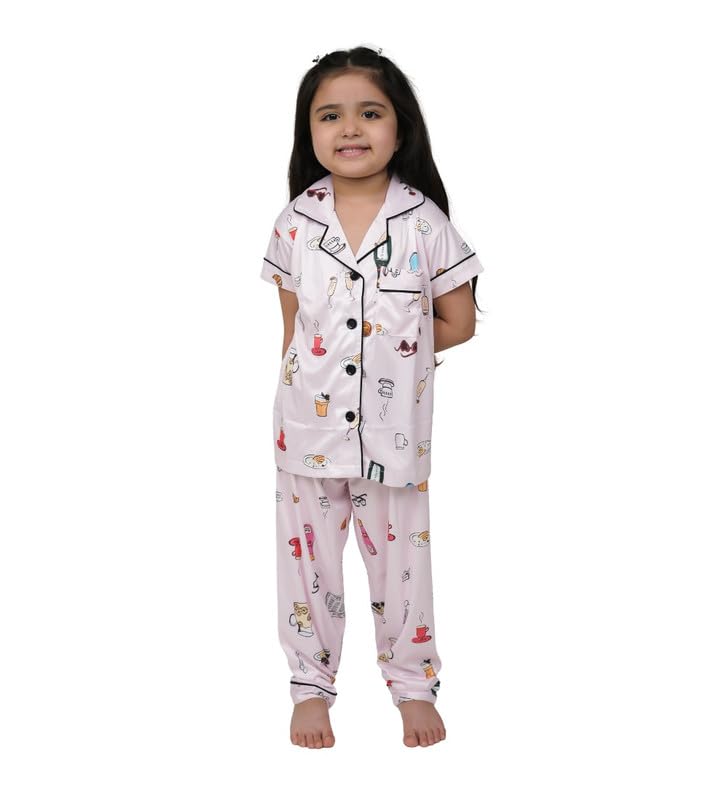 Girls Silk Bleand Printed Short Sleeve Pajamas Set (Creem, 67 Yrs)57690
