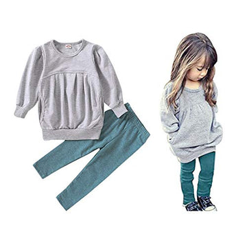 Ritatte Toddler Girls Clothes Winter Warm Long Sleeve Tops Long Pants Suit Kids Soft Cotton 2Pcs Set(Gray, 90(2T))