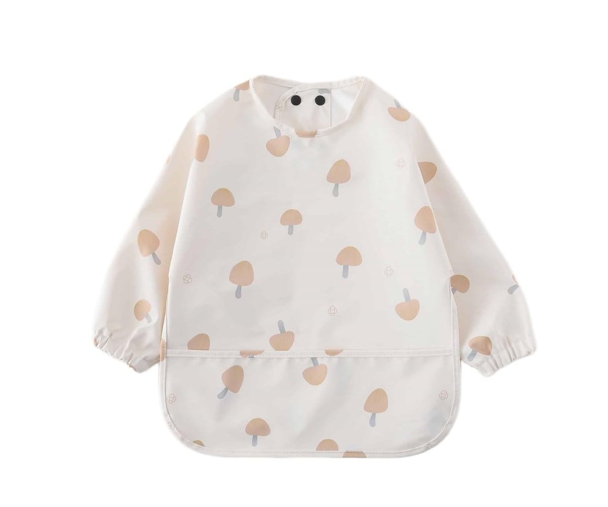 Gzmm Waterproof Baby Bibs,Infant Toddler Long Sleeve Feeding Bib With Food Catcher,Easy Clean & Washable(Mushroom)