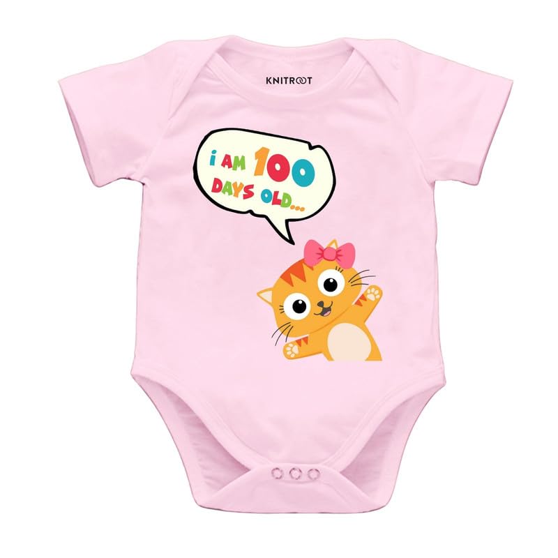 Knitroot New Born Theme, I Am 100 Days Old, Onesies, Unisex Baby Kids Half Sleeve Cotton Lycra Pink Romper, Sleepsuit, Bodysuit,