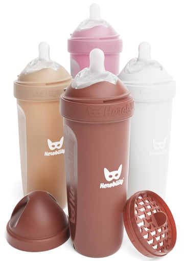 Herobility Double Anti-Colic Baby Bottles - 12 Fl Oz/340Ml - 4-Pack - Multicolor - Sand, Woodchuck, Pink, White