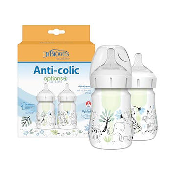 Dr Brownas Natural Flowa Anti-Colic Options+A Wide-Neck Baby Bottle Designer Edition Bottles, Jungle Decos, 5 Oz150 Ml, Level 1