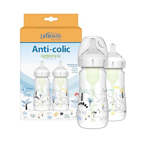 Dr Browns Natural Flowa Anti-Colic Options+A Wide-Neck Baby Bottle Designer Edition Bottles, Dino Decos, 9Oz270Ml, Level 1 Nippl