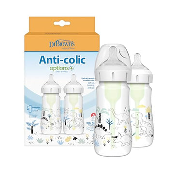Dr Browns Natural Flowa Anti-Colic Options+A Wide-Neck Baby Bottle Designer Edition Bottles, Dino Decos, 9Oz270Ml, Level 1 Nippl