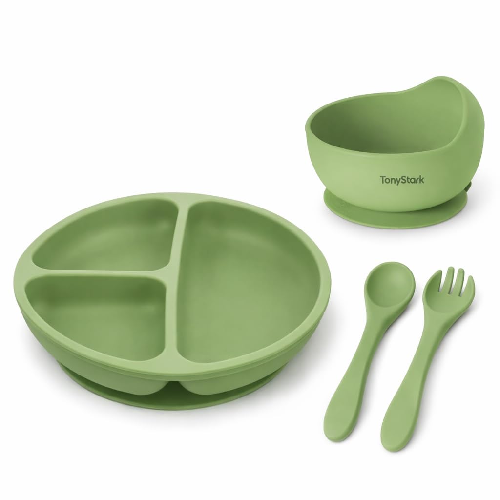 Tony Stark 4 Pcs Silicone Baby Feeding Set, BpaFree, Microwave Safe, AntiSlip Base | Eating Essential Utensils For Babies & To