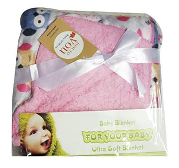 N&M Double Layer Velvet Fleece Newborn Printed Baby Blanket with Out Hood (Pink Blanket Owl Print)