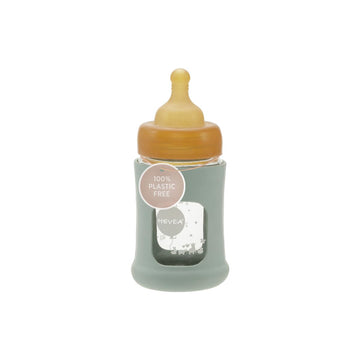 Hevea Plastic-Free Wide Neck Glass Baby Bottle With Seafoam Blue Sleeve - Slow Flow Anti Colic Baby Bottles Newborn 0+ Months -