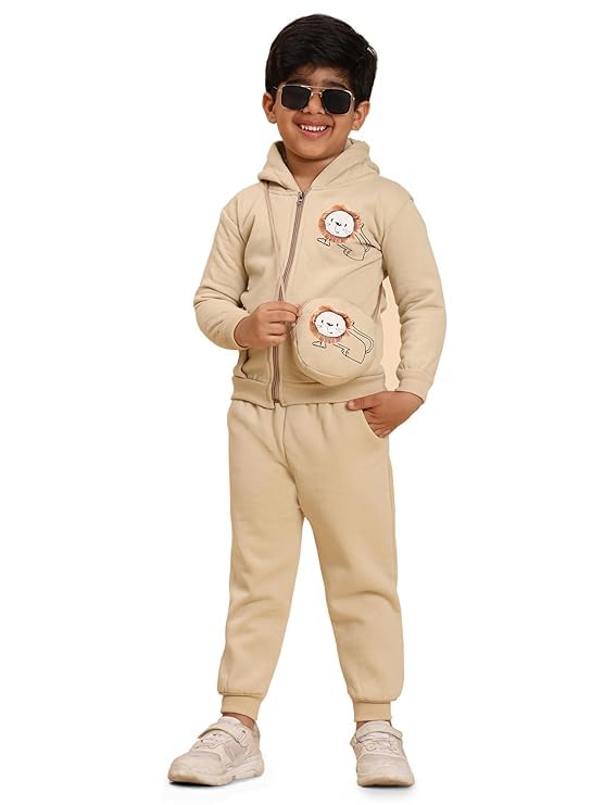 Ameeha Kids Fleece Winter Wear Tracksuit With Cartoon Print, FullZip Hooded Sweatshirt And Joggers Set With Sling Bag (In, Age,