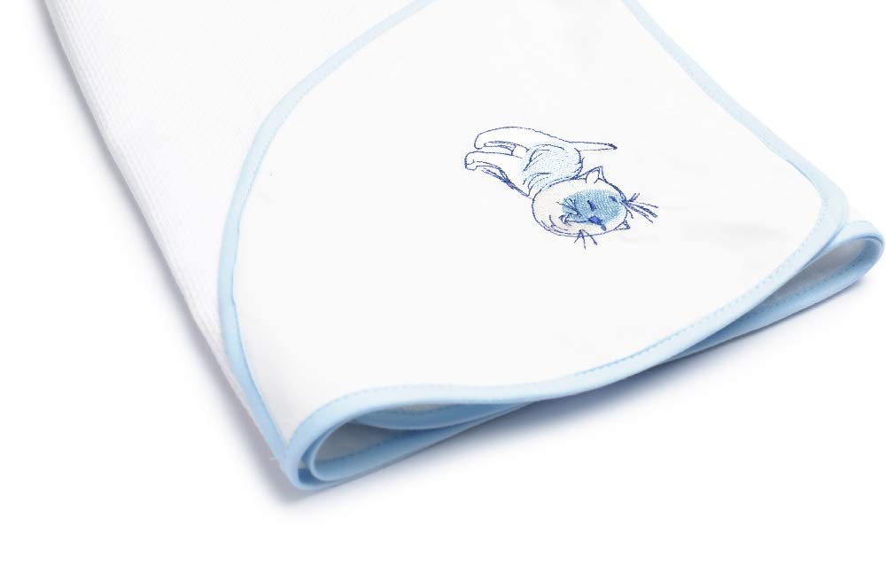 Hooded Baby Bath Towel with Embroidered Cat (Blue)