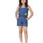 Superminis Girls Denim Embroidery Sleeveless CoOrd Set Crop Top With Shorts Kids Clothing Set (Blue, 56 Years)