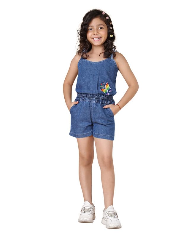 Superminis Girls Denim Embroidery Sleeveless CoOrd Set Crop Top With Shorts Kids Clothing Set (Blue, 56 Years)