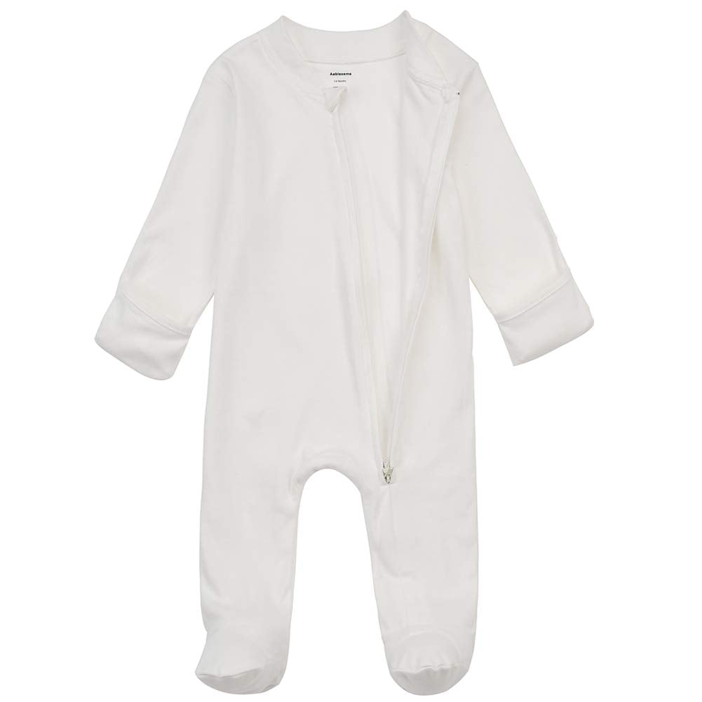Aablexema Baby Footed Pajamas With Mitten Cuffs - Unisex Newborn Infant 2 Ways Zipper Cotton Footie Pjs(Creamy-White,Newborn)