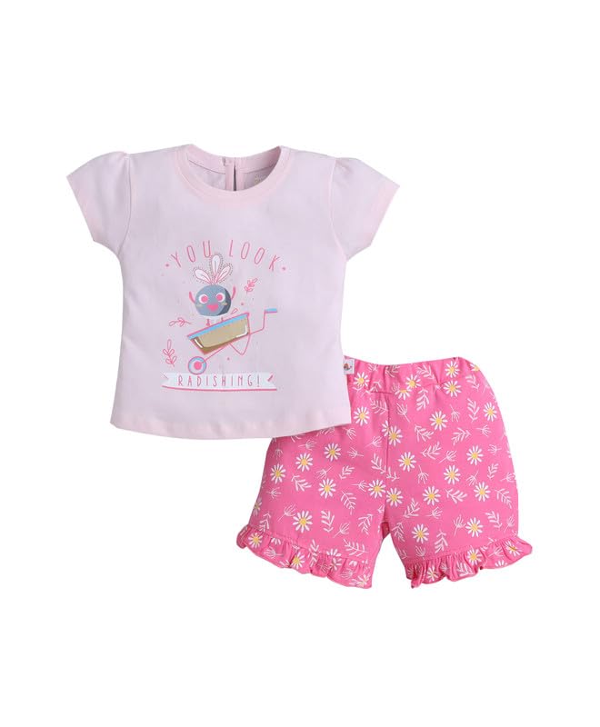 Bumzee Baby Girls Cotton Cap Sleeves Floral Print TShirt & Short Set Baby Pink & Pink  612 Months (Peb11157CBpk)