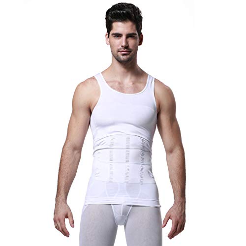 Wearslim Nylon MenS Slimming Casual Style Body Shaper Vest Shirt Abs Abdomen Slim Stretchable Tummy Tucker Vest (White)  Large