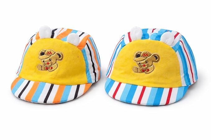 Baby Cap With Striped Brim, Yellow And Pink, Cute Bear Embroidery, Sun Hat For Infants.Soft Cartoon Printed Round Line Summer Ca