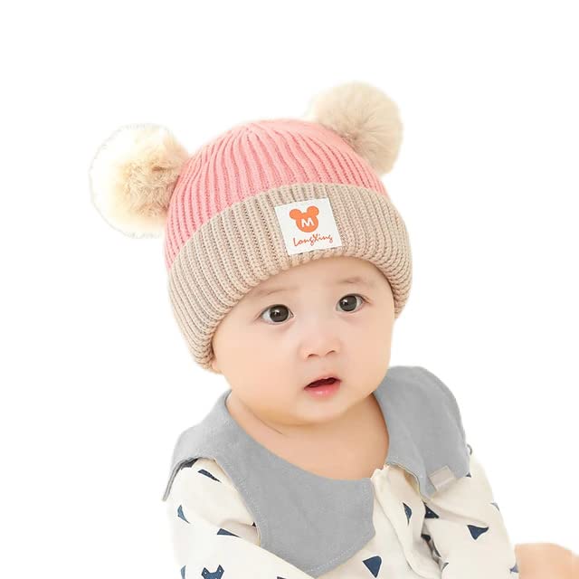 Topibaaz Baby Beanie Hat, Cute Cat Warm Toddlers Winter Hat, Double Pom Pom Beanies For Boys & Girls Woolen Knitted Cap (6 Month