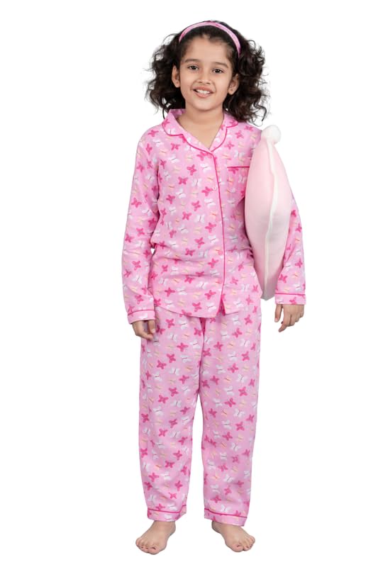 Tweeny Mini Girls Night Suit Pure Rayon Butterfly Print | Full Sleeve Nightdress for Girls Kids | Shirt + Pyjama + Headband Set 