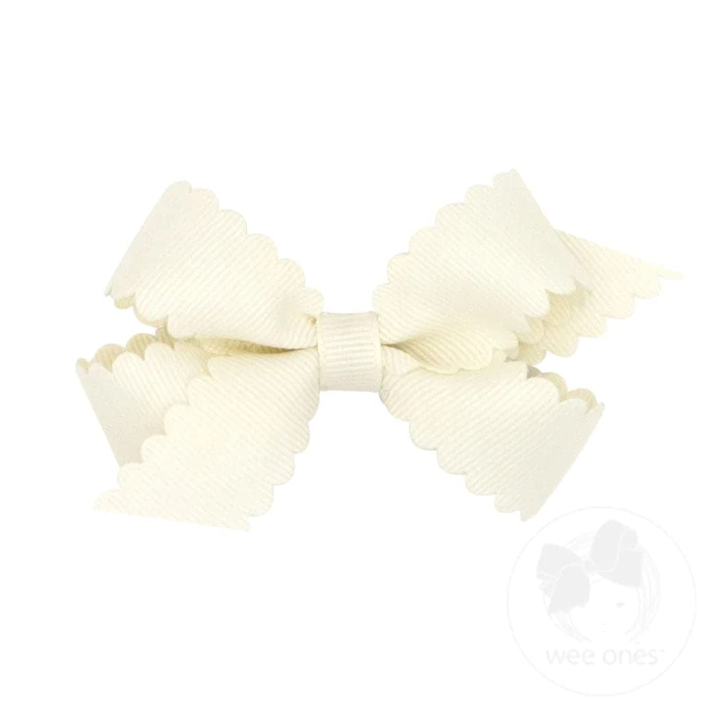 Wee Ones Girls' Classic Grosgrain Hair Bow With Scalloped Edges And Plain Wrap Center On A Weestay Hair Clip, Mini, Antique Whit