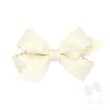 Wee Ones Girls' Classic Grosgrain Hair Bow With Scalloped Edges And Plain Wrap Center On A Weestay Hair Clip, Mini, Antique Whit