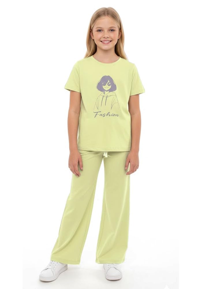 WEET Girls Printed Round Neck Printed TShirt and Palazo Pant | Top & Pajama Set 003 (Yellow, 1314 Y)