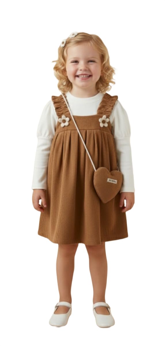 A.T.U.N. (All Things Uber Nice) Girls Pinafore Style Dress| Floral Strap Detail With Decorative Mini Sling Bag Style | Comfortab