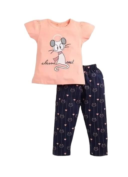 HIGHLIGHT COLLECTION Cotton Casual Cat Cool Printed TShirt and pajama Set for Girls (Peach & Navvy Blue) (23Years)