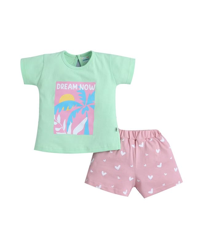 Bumzee Baby Girls Cotton Half Sleeves Graphic Print TShirt & Short Set Green & Pink  1218 Months (Peb11285DGrn)