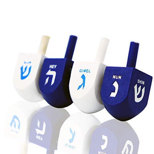 The Dreidel Company Wood Dreidel Bulk Solid Blue & White Wooden Hanukkah Dreidels Hand Painted With English Transliteration- Inc
