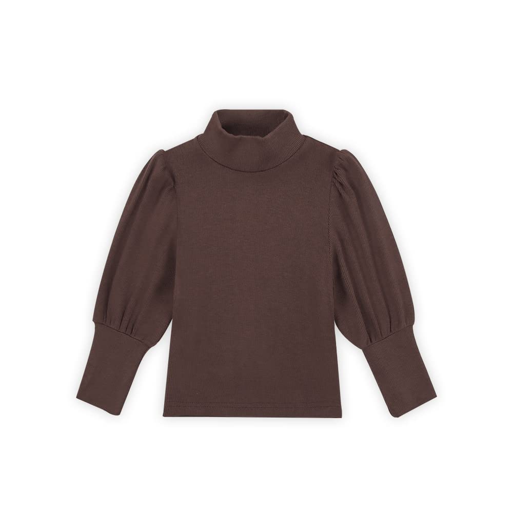 Toddler Baby Girl Basic Solid Color Turtleneck T Shirt Ribbed Knit Top Puff Long Sleeve Soft Cotton Clothes(Brown,12-18Months)