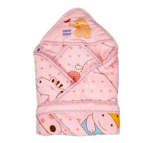 Mee Mee 100% Soft Cotton Hooded Baby Wrapper Cum Warmer, Blanket with Hood for New Born Baby 0 to 6 Months (Pink Printed)